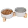 Double 28.7Oz Ceramic Pet Bowls Dog Bowls with Wooden Stand Raised Pet Feeder for Small Dogs